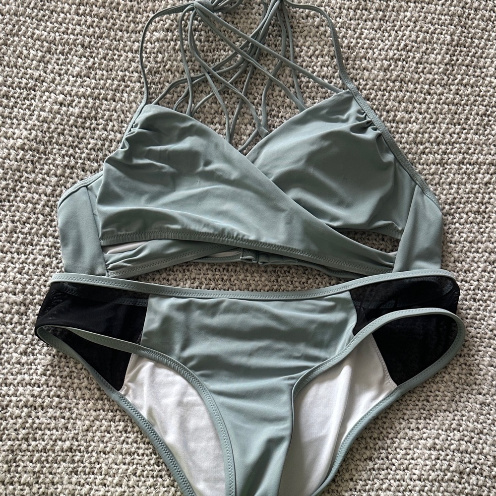PINK Victoria's Secret Green and Black Bikini Set